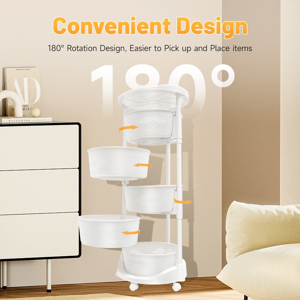 5-Tier Rotating Storage Shelf Kitchen Fruit Storage Basket Rack w/ Wheel