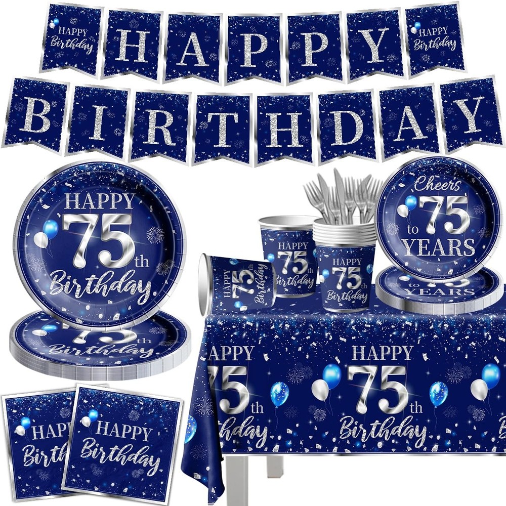 142 Pcs 75th Birthday Tableware Set Decorations Sliver and Blue