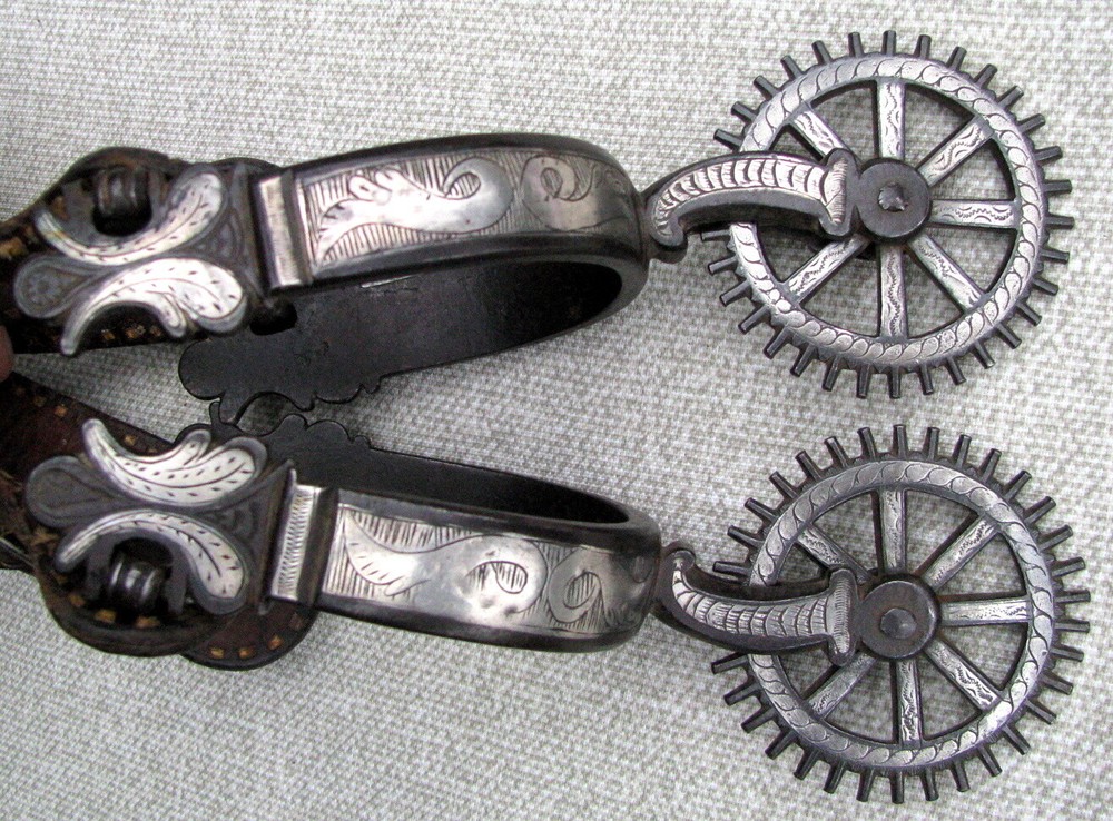 SPANISH COLONIAL TRANSITIONAL DBL MTD ENGRAVED 2 PATTERN CLOCK GEAR ROWELS c1850