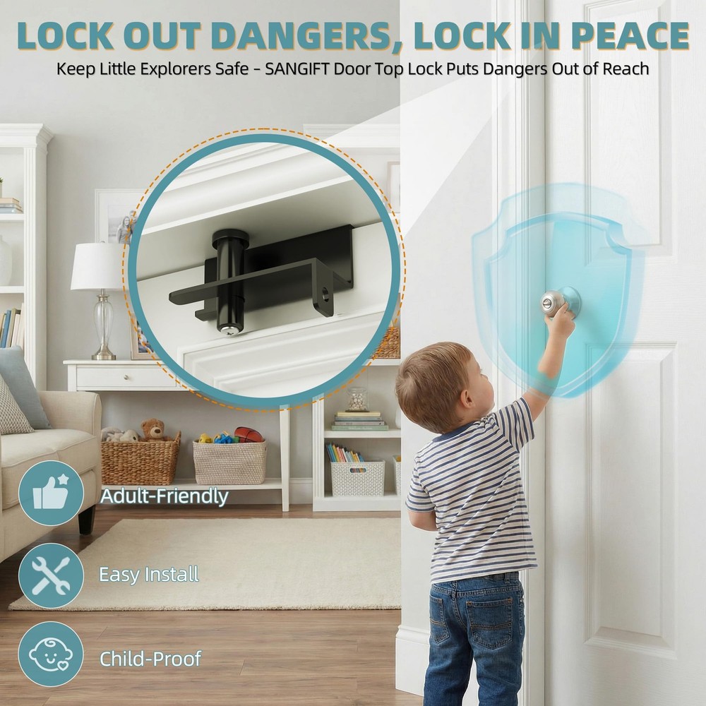 Adjustable Child Proof Door Top Lock with Ergonomic Grip, 2MM Thick Solid Ste...
