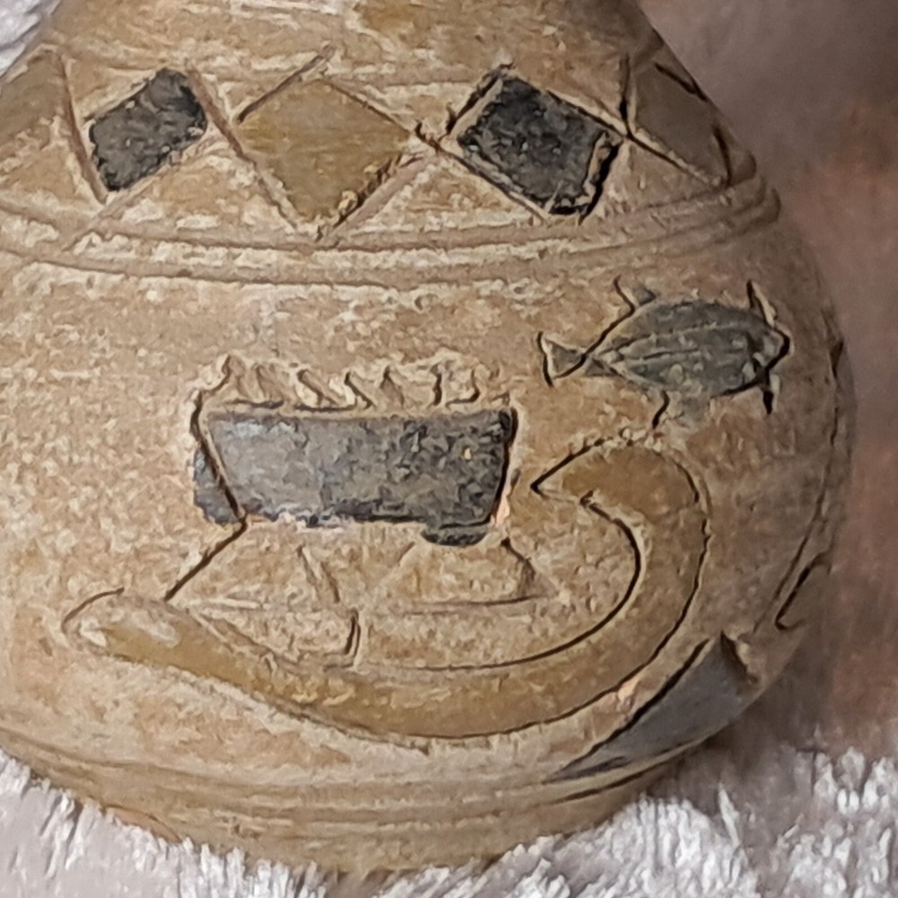 Primitive Style Clay Vase has Fish Boat Diamond Pattern Painted Scraffito Small