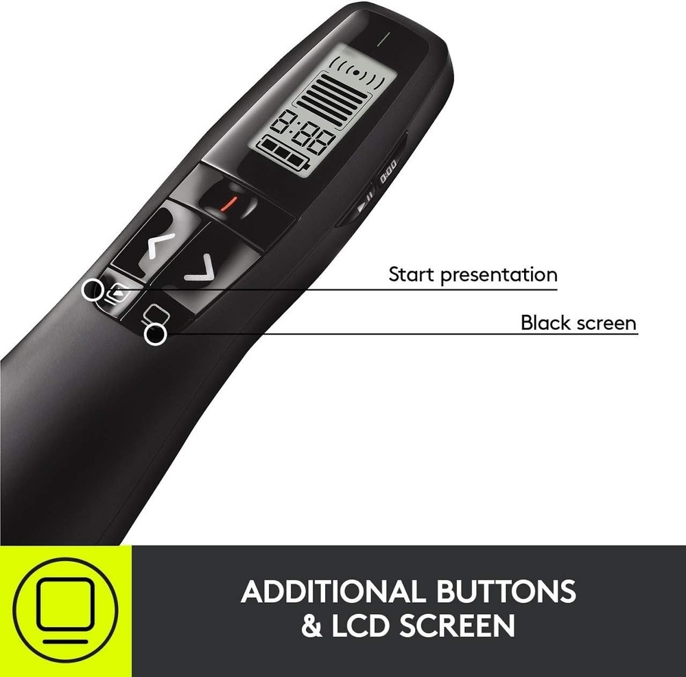 Compact R800 Wireless Presentation Clicker with Intuitive Controls & Green Laser