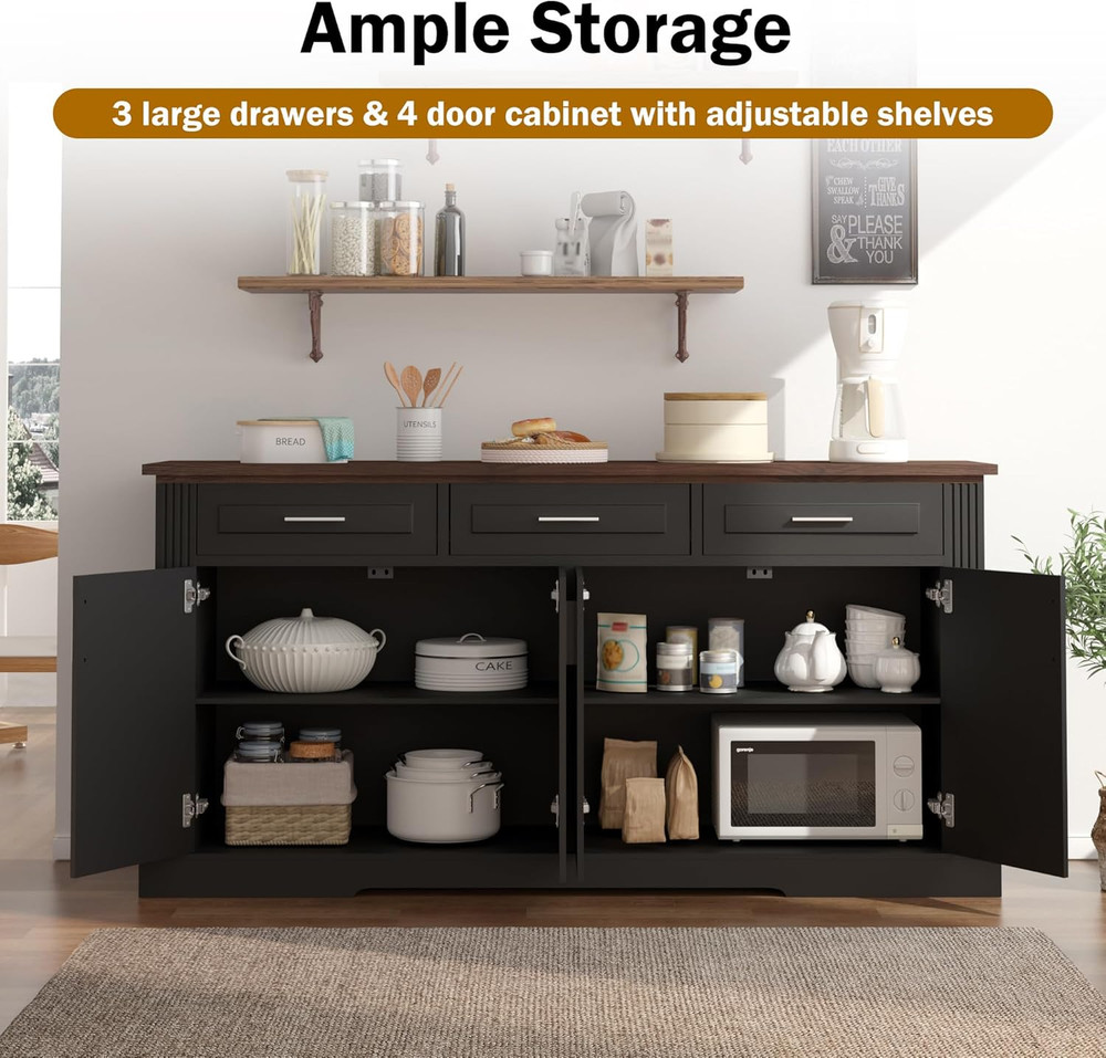 63" Black Fluted Buffet Cabinet with Storage - 4 Doors & 3 Drawers