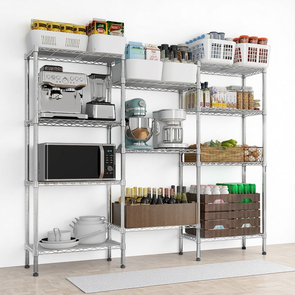 4-Tier Wire Shelving Unit - 3-Column, Heavy Duty, Adjustable, Silver & Modular