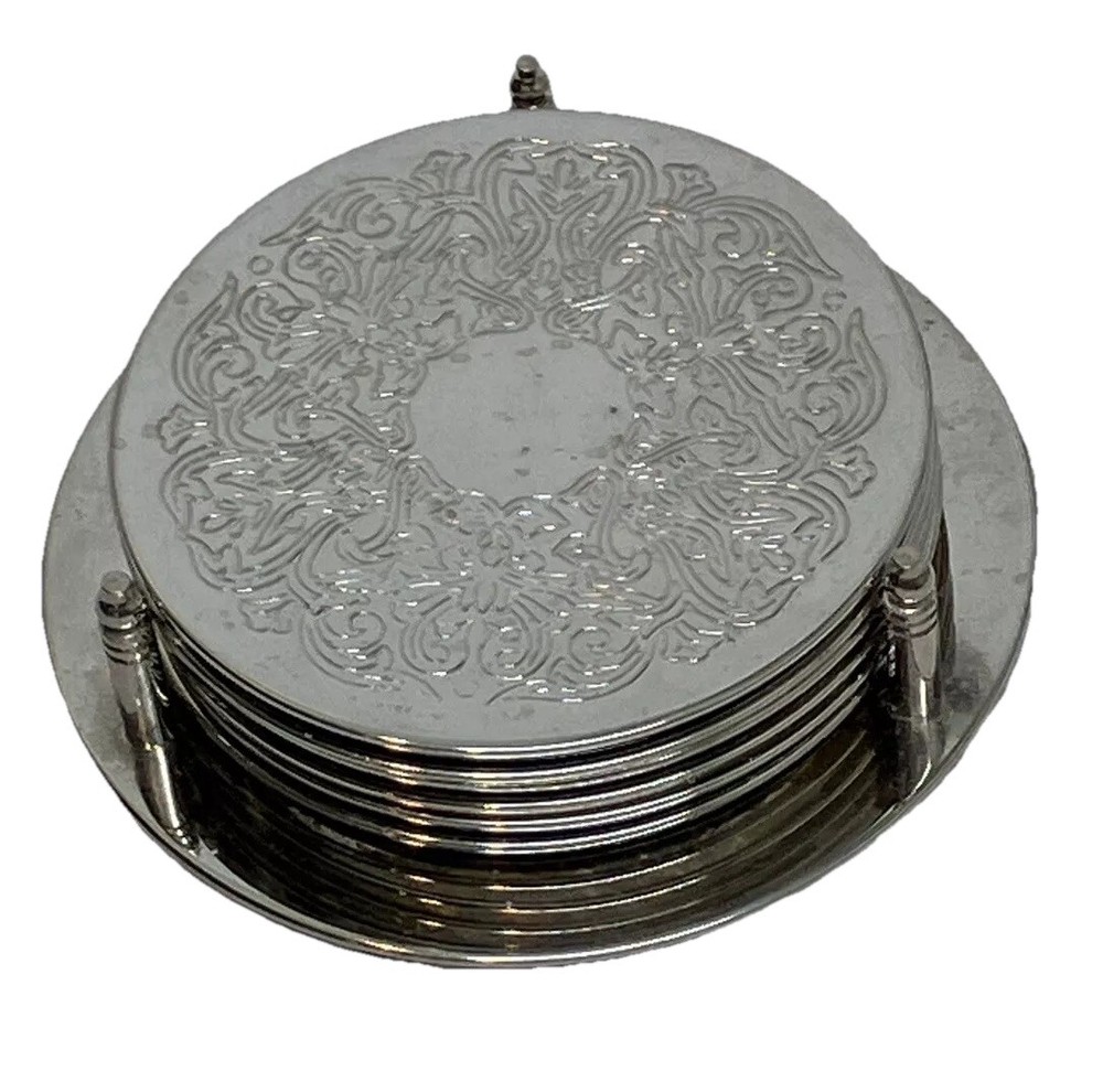 Godinger Silver Plated 7 PC. Coaster Set Water Resistant Back PO