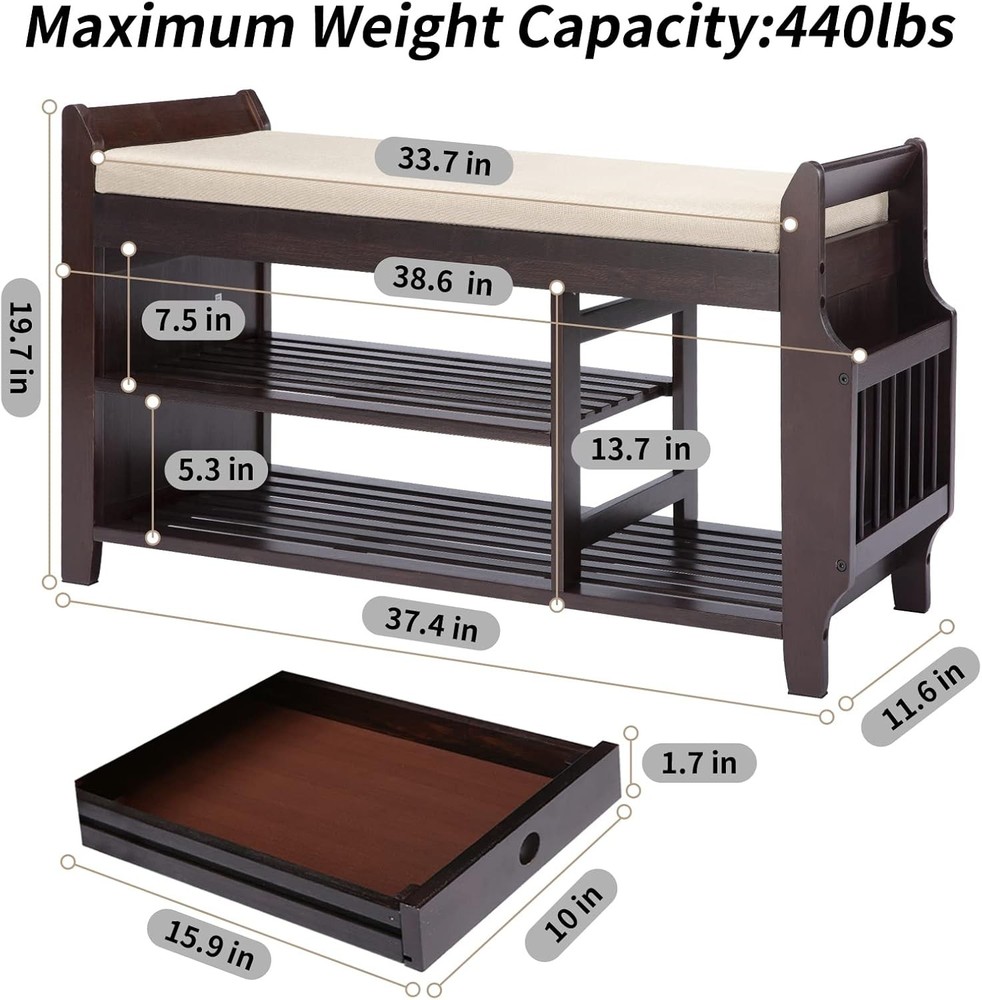 Shoe Storage Bench with Drawer Bamboo Large