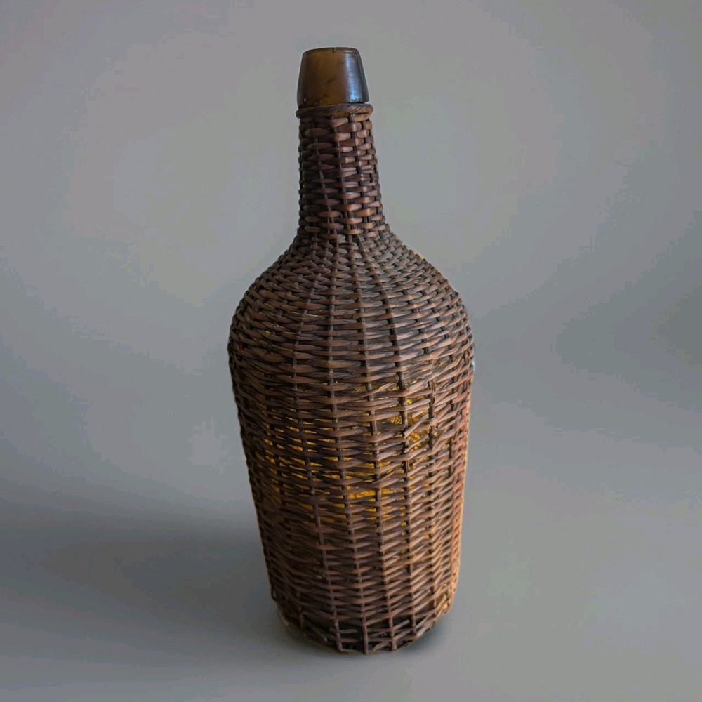 15.5" Antique Wicker Amber Bottle Demijohn