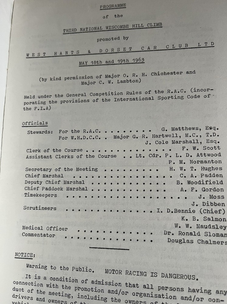 Wiscombe Park Speed Hillclimb Programme May 1963