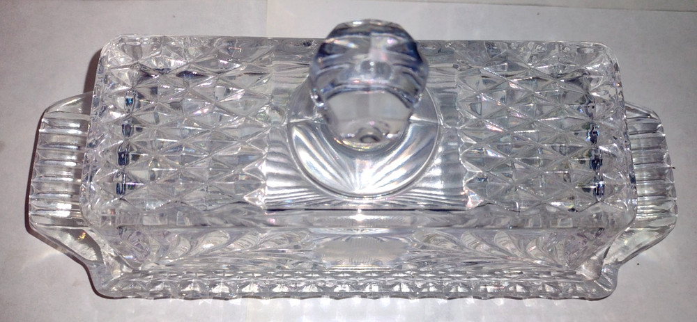 Clear Glass Rectangular Butter Dish W/ Lid Geometric Pattern Diamond