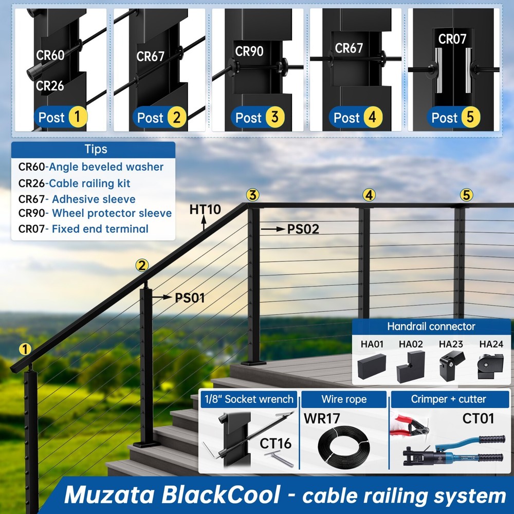 Muzata T-drilled Three Sides 36"x2"x2" Fixed Top Cable Railing Post PS02 B34S