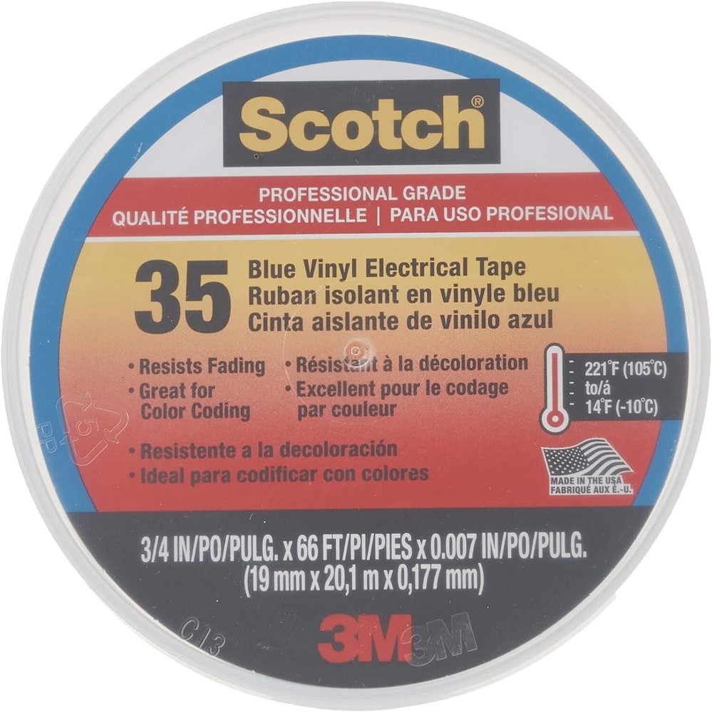3M Scotch 35 Vinyl Electrical Color Coding Tape, 3" Core, 0.75" X 66 Ft, Blue