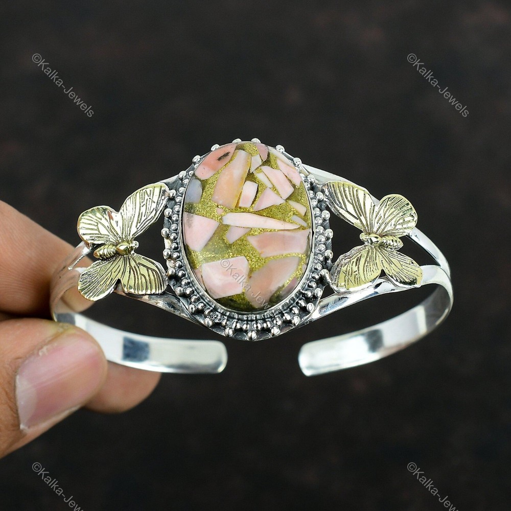 Natural Copper Pink Opal Gemstone Bangle Butterfly Adjustable 925 Silver