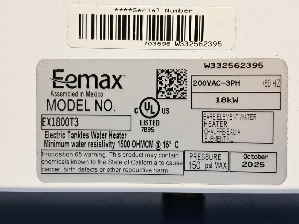 Eemax - EX1800T3 - 3-Phase 5 GPM 18 kW, 208V Point of Use Tankless Water Heater