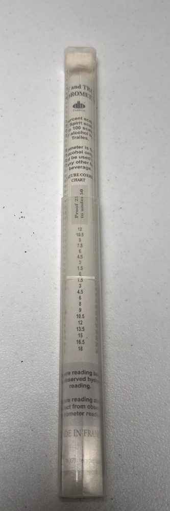 Glass Alcoholmeter/Hydrometer, Proof and Tralles