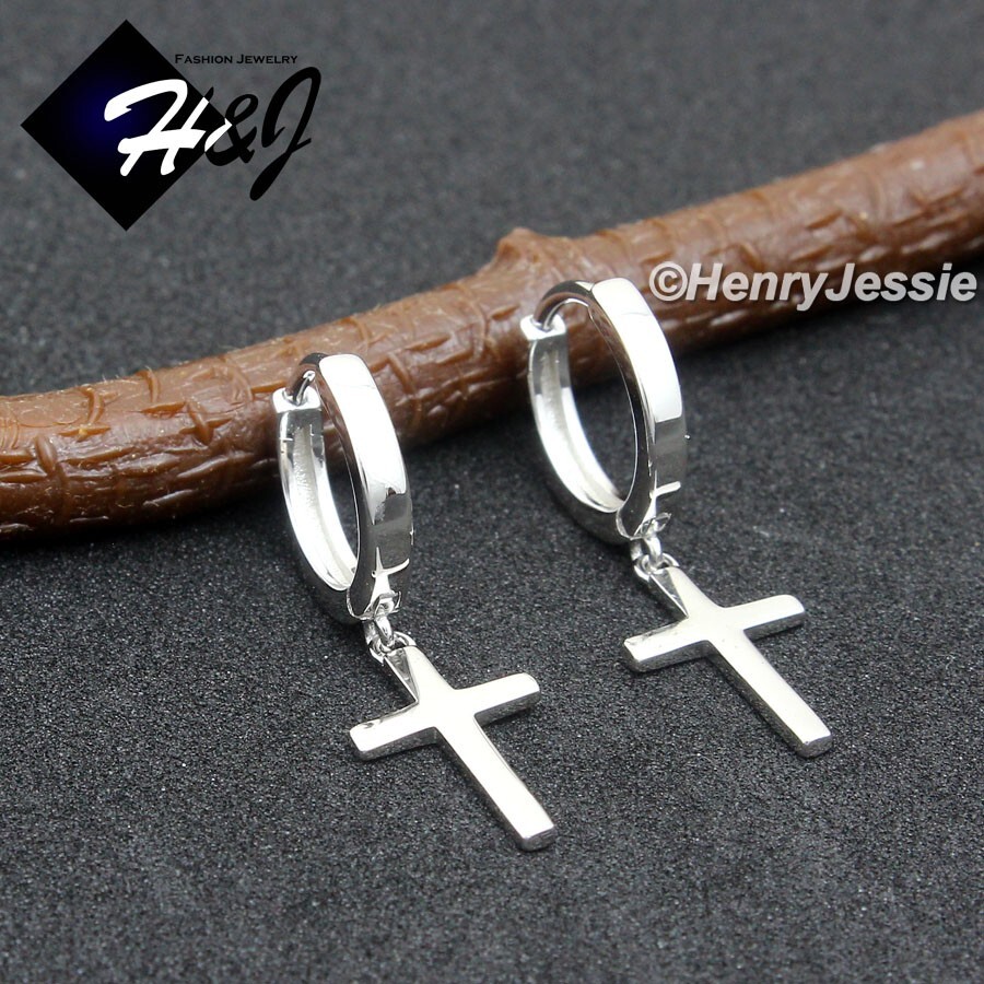 MEN WOMEN SOLID 925 STERLING SILVER PLAIN CROSS DANGLE HUGGIE HOOP EARRING*E244