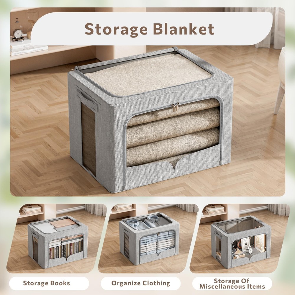3 Pack Clothes Storage Bins Foldable Metal Frame Storage Box Stackable Linen ...