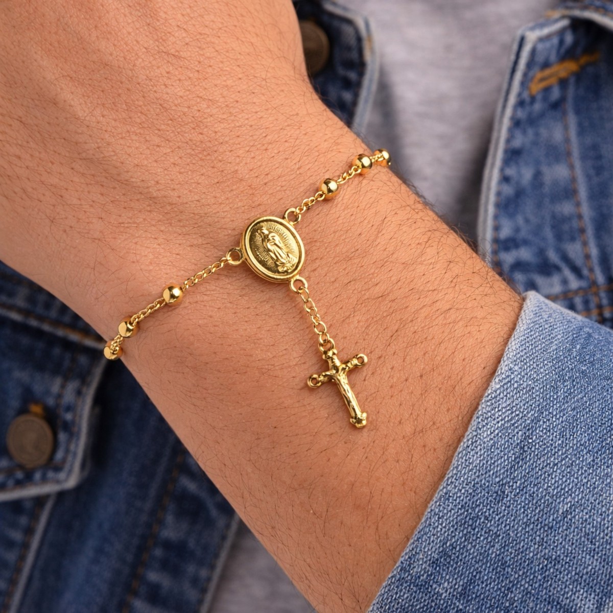 Real Italian 1/200 14K Yellow Gold Oro Overlay Catholic Cross Crucifix Bracelet