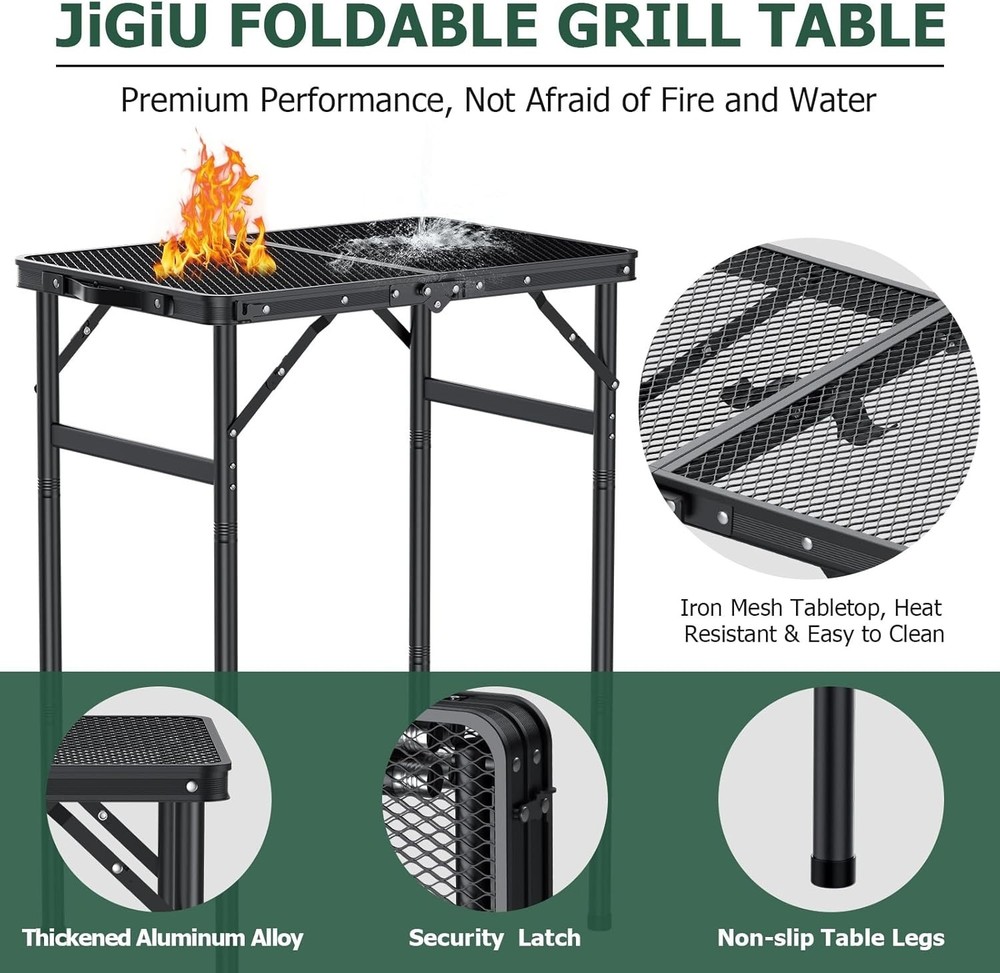 Lightweight Folding Camping Grill Table with Height Adjustment Black