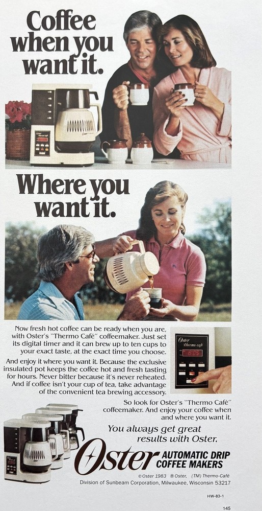 1983 OSTER Automatic Drip Coffee Maker Coffee When & Where You Want It PRINT AD