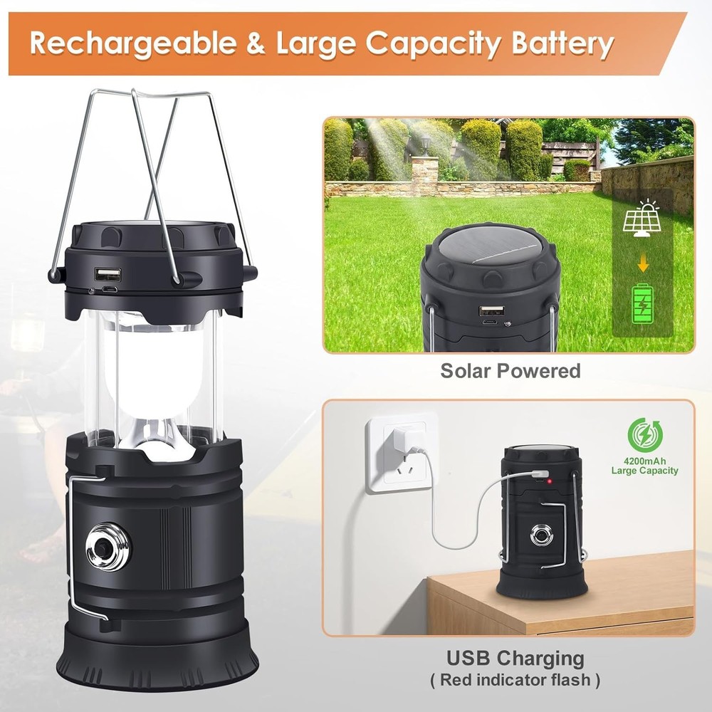 Portable Solar LED Camping Lantern Waterproof Rechargeable Emergency Flashlight