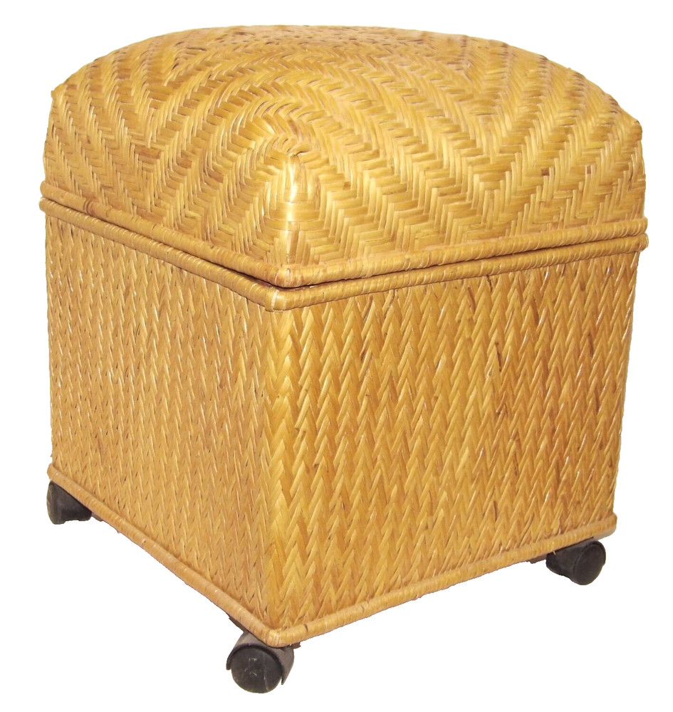 Wicker Storage Ottoman Herringbone Weave W/ Wood & Caster Wheels Removeable Lid