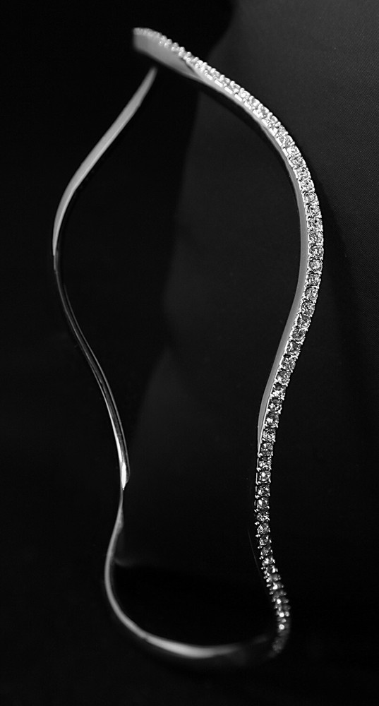 SIGNED Swarovski Crystal Thin Silver Wavy Bangle Bracelet w White Crystals