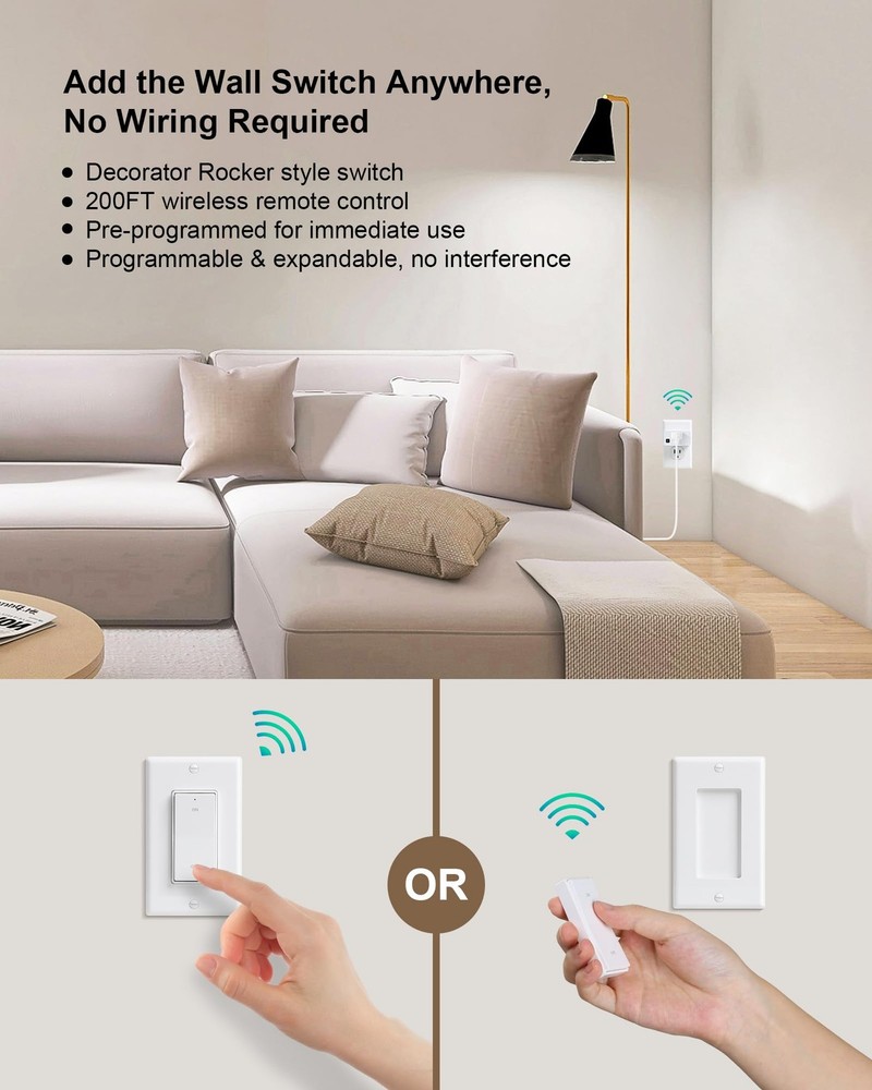 Remote Control Outlet, Decorator Rocker Wall Switch, 200FT Long Range Wireles...