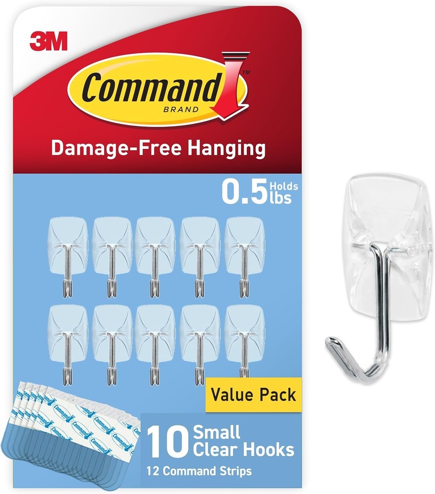 Command Small Clear Wire Toggle Hooks, 10 Wall Hooks and 12 1 Pack,