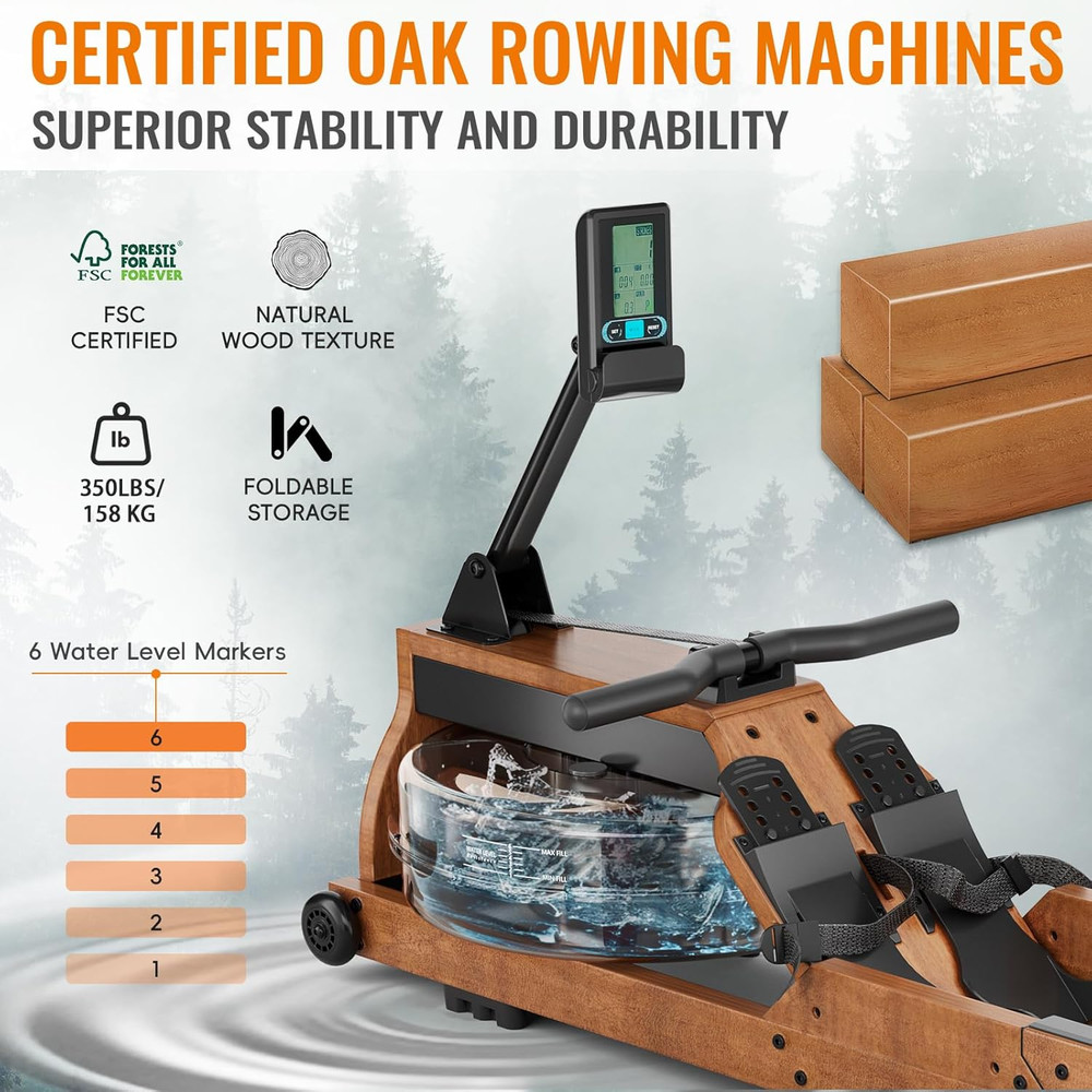 Water Rowing Machine for Home Use, Wooden Foldable Rower Machine with Adjustabl