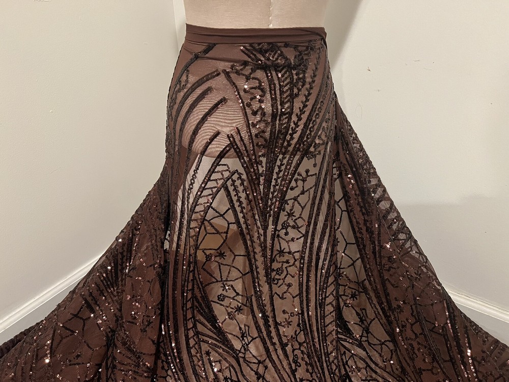 Brown 4way stretch sequins Embroidery Mesh Lace fabric 50” Width 1 Yard