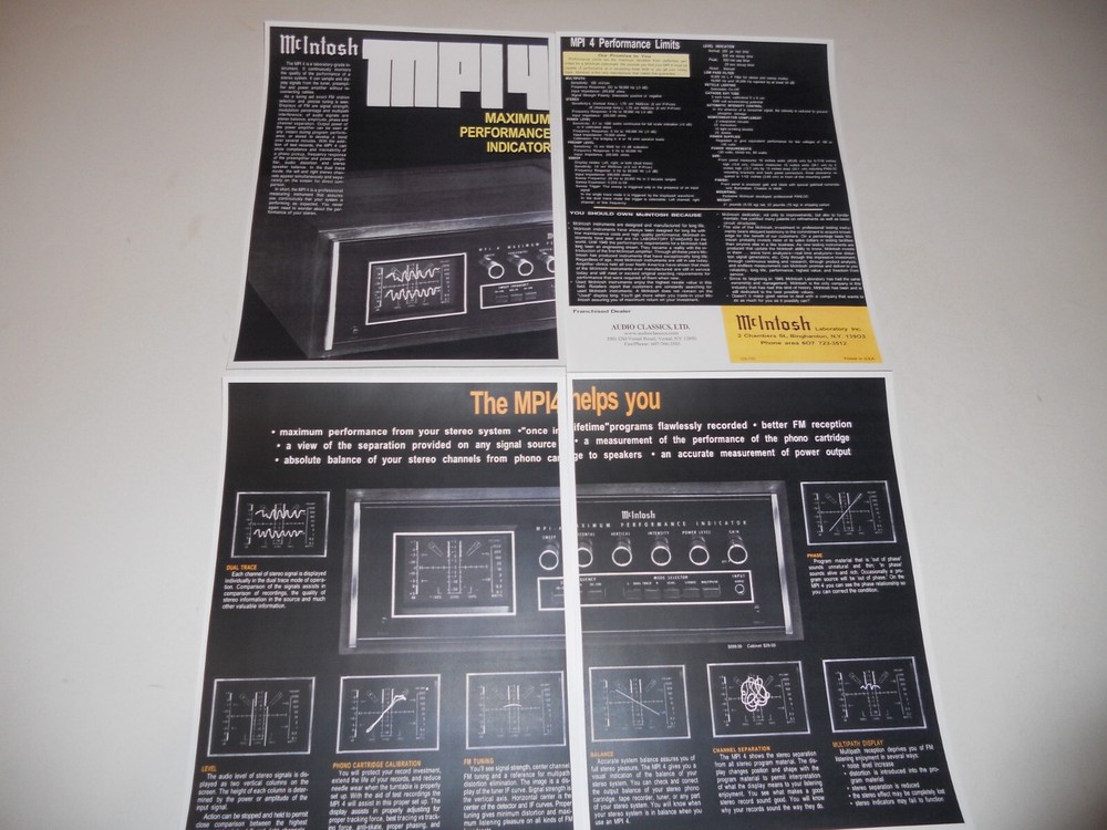 McIntosh MPI 4 Scope Maximizer Brochure, 4 pg Specs+Articles+Info 1973