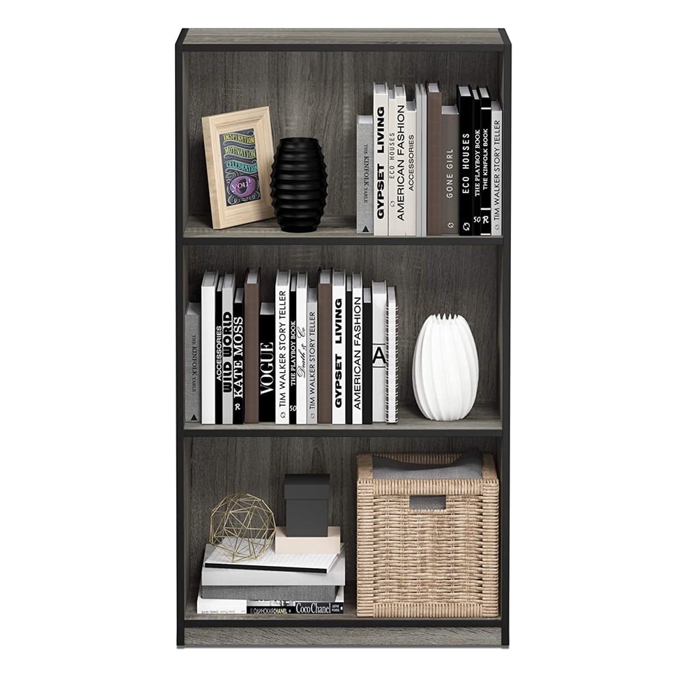 Basic 3-Tier Bookcase Storage Shelves French Oak Grey/Black