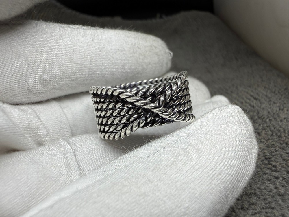 Solid 925Sterling Silver Woven Braided Rope Wide Band Oxidized Mesh Unisex Ring