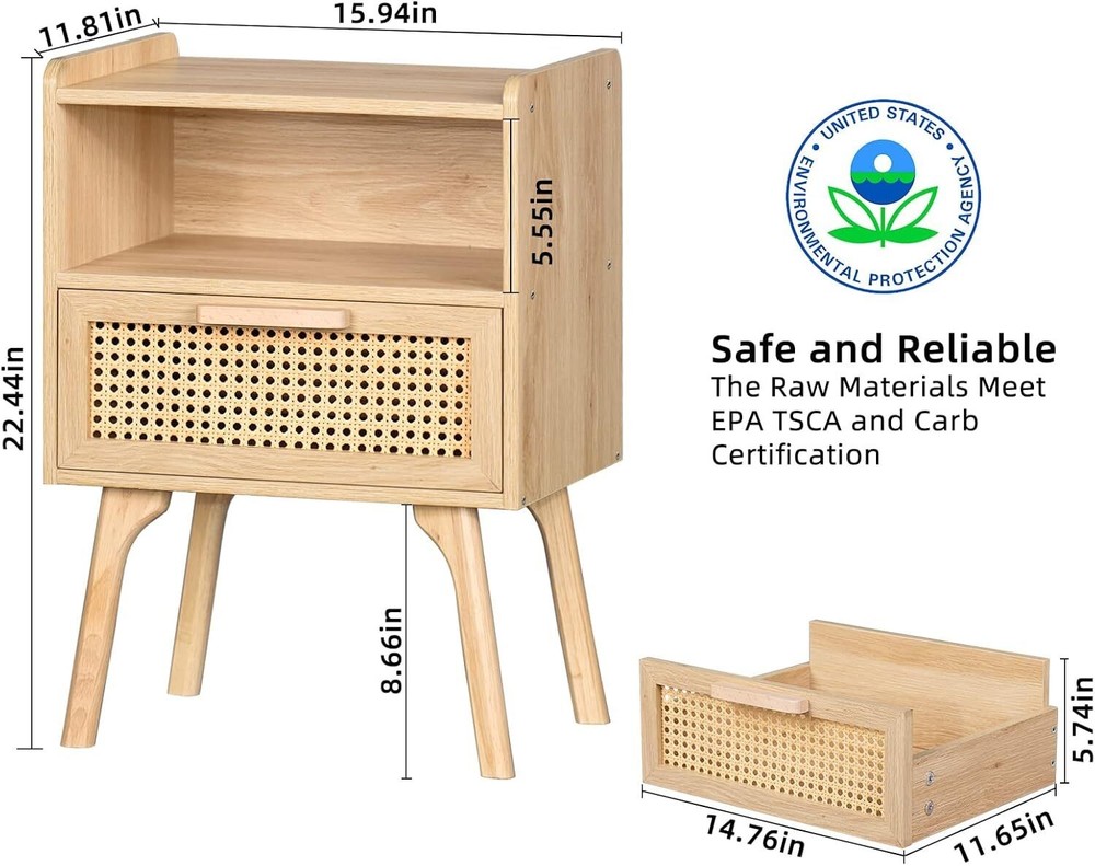 Rattan Nightstand Boho Side Table w/Drawer Open Shelf Accent Bedside End Table