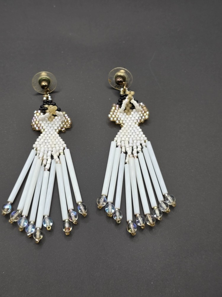 Hand Beaded Angels White Dangle Earrings 3"