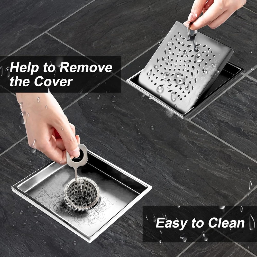 4 Inch Square Shower Floor Drain with Flange,Quadrato Pattern Grate Removable...