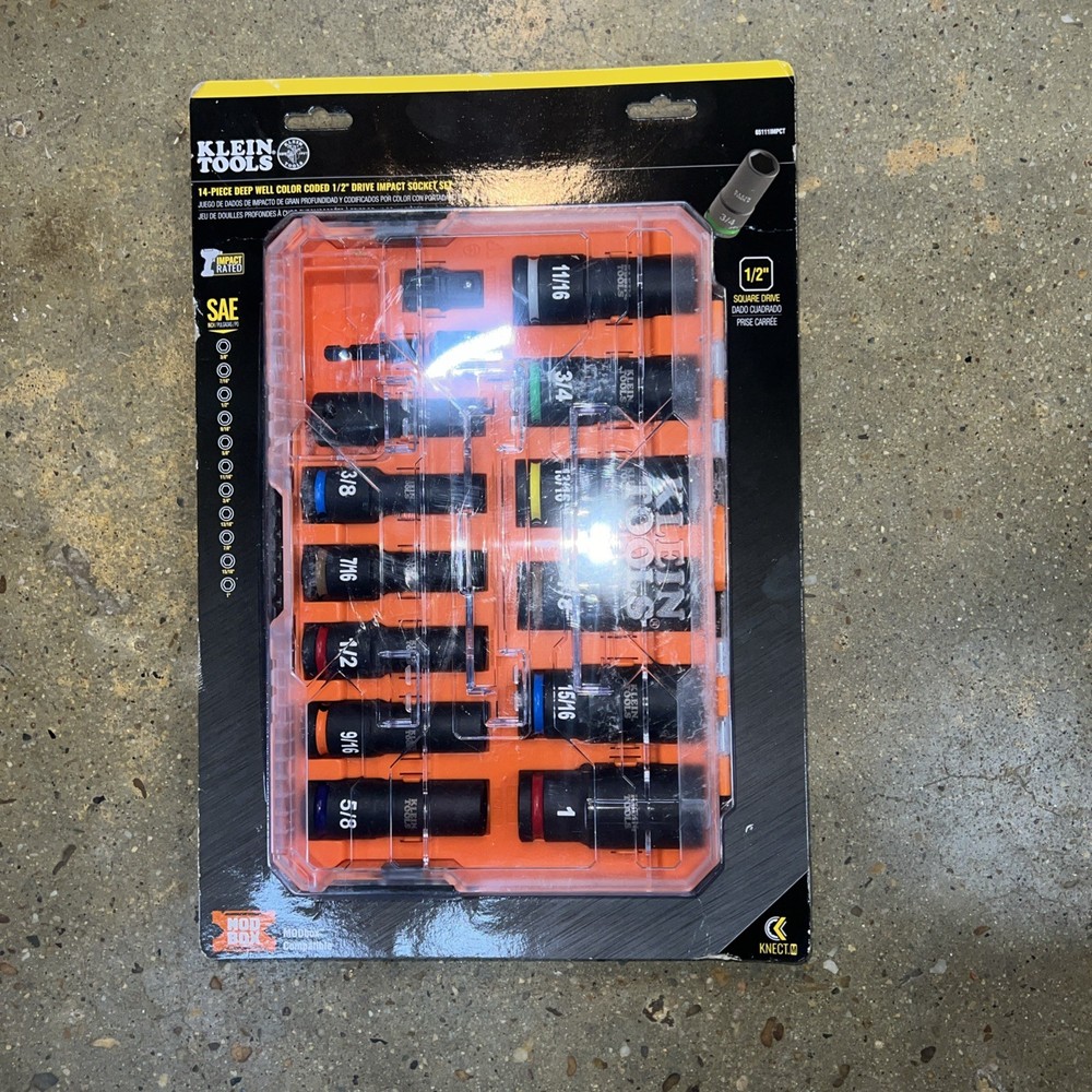 Klein Tools 65111IMPCT KNECT 1/2" Drive Deep Well Impact Socket Set, SAE, 14 Pc.