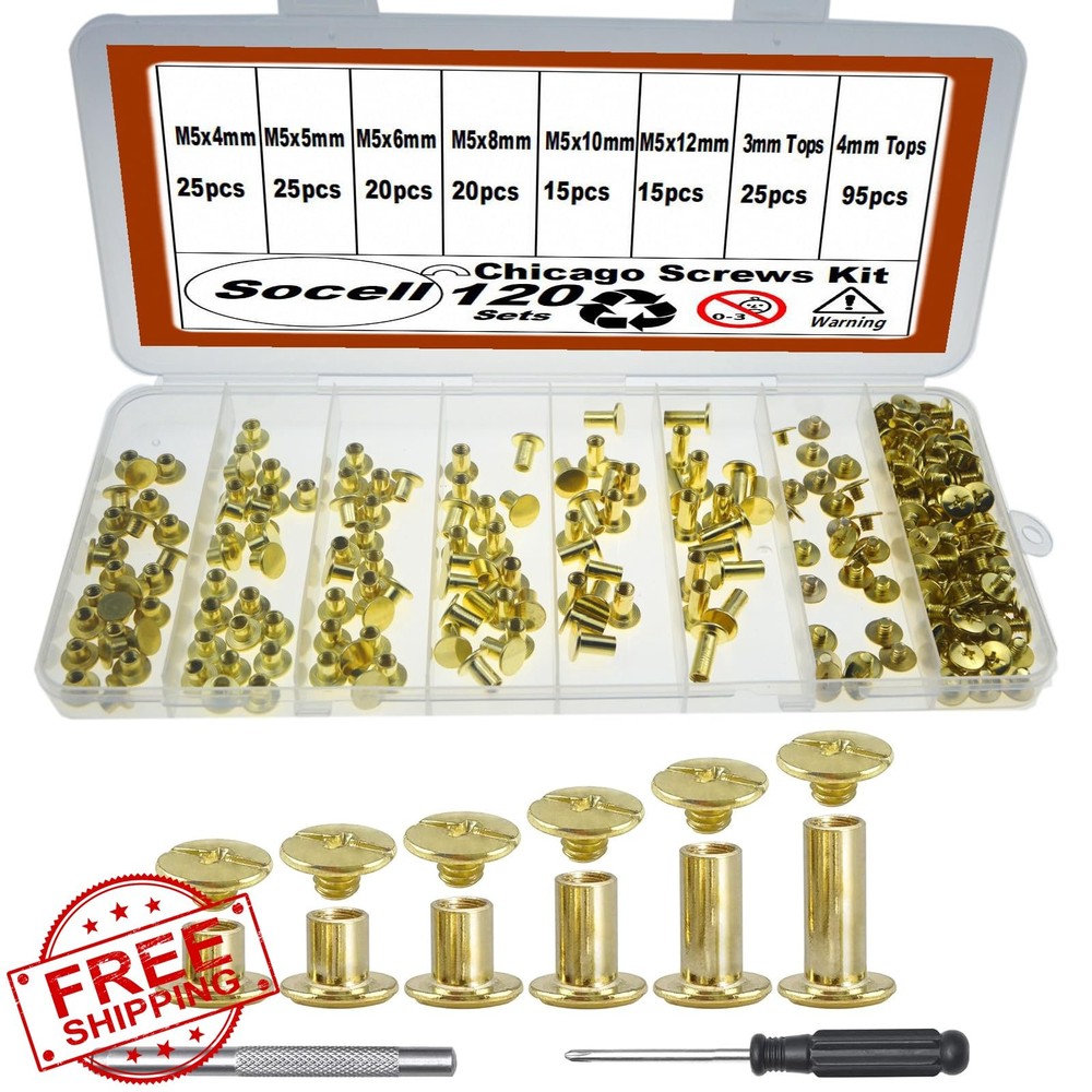 Socell 120pc Chicago Screws Kit Gold M5 Leather Binding Rivets