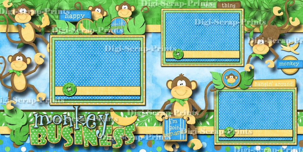 MONKEY BUSINESS 2 premade scrapbook pages paper piecing printed DIGISCRAP A0073