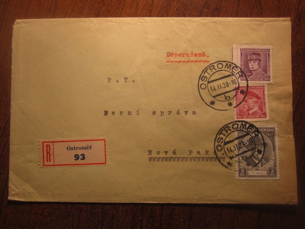 1938 CZECHOSLOVAKIA OSTROMER REGISTERED COVER with CINDERELLA