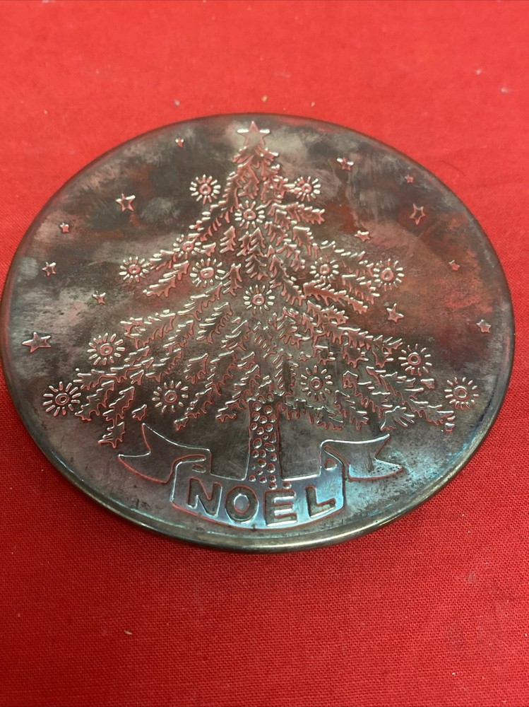 Silver Plated Christmas 7 Pcs Coaster Set Deeply Engraved Christmas Tree