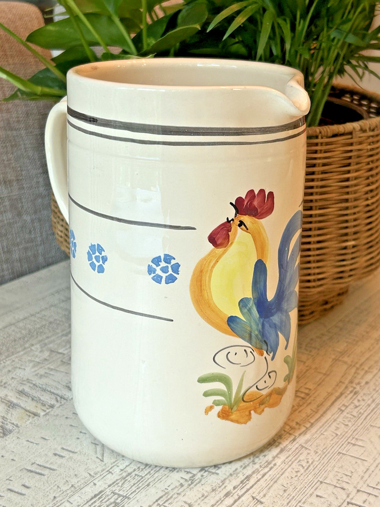 Hand Painted Pitcher Rooster Pottery Unmarked 7-3/4" tall