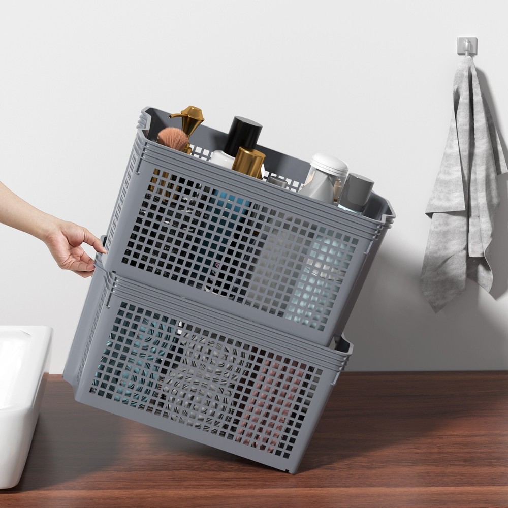 6-Pack Stackable Plastic Woven Basket Organizer, Stacking Storage Basket, Grey