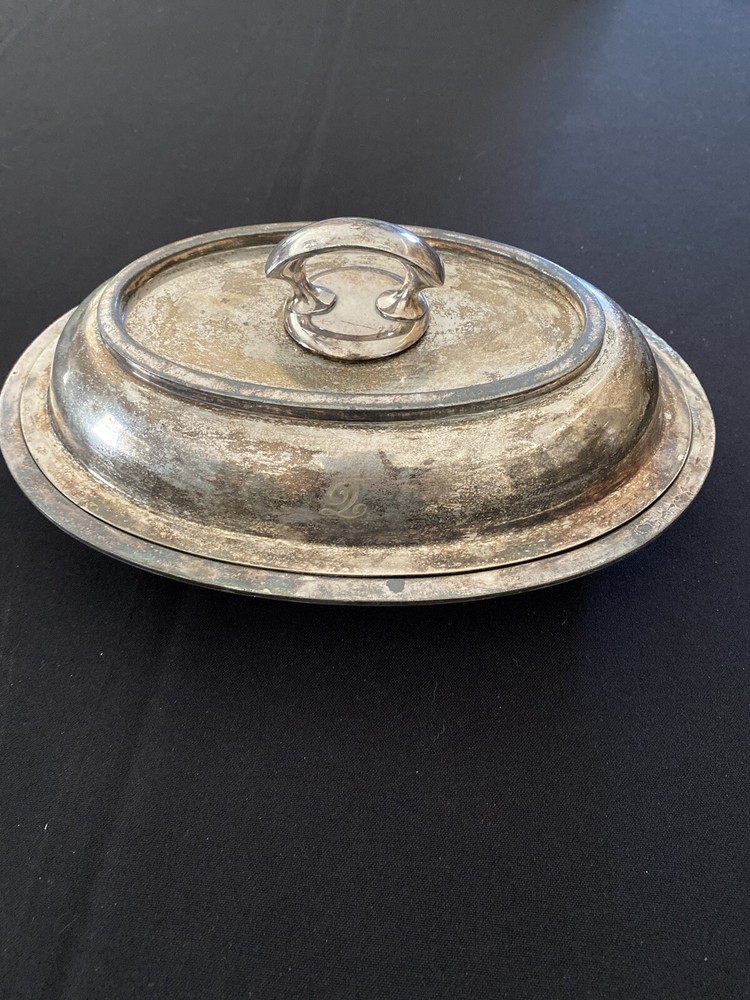 Vintage -Oval Silver E P- Serving Dish with Cover - Monogramed -10" x 7"