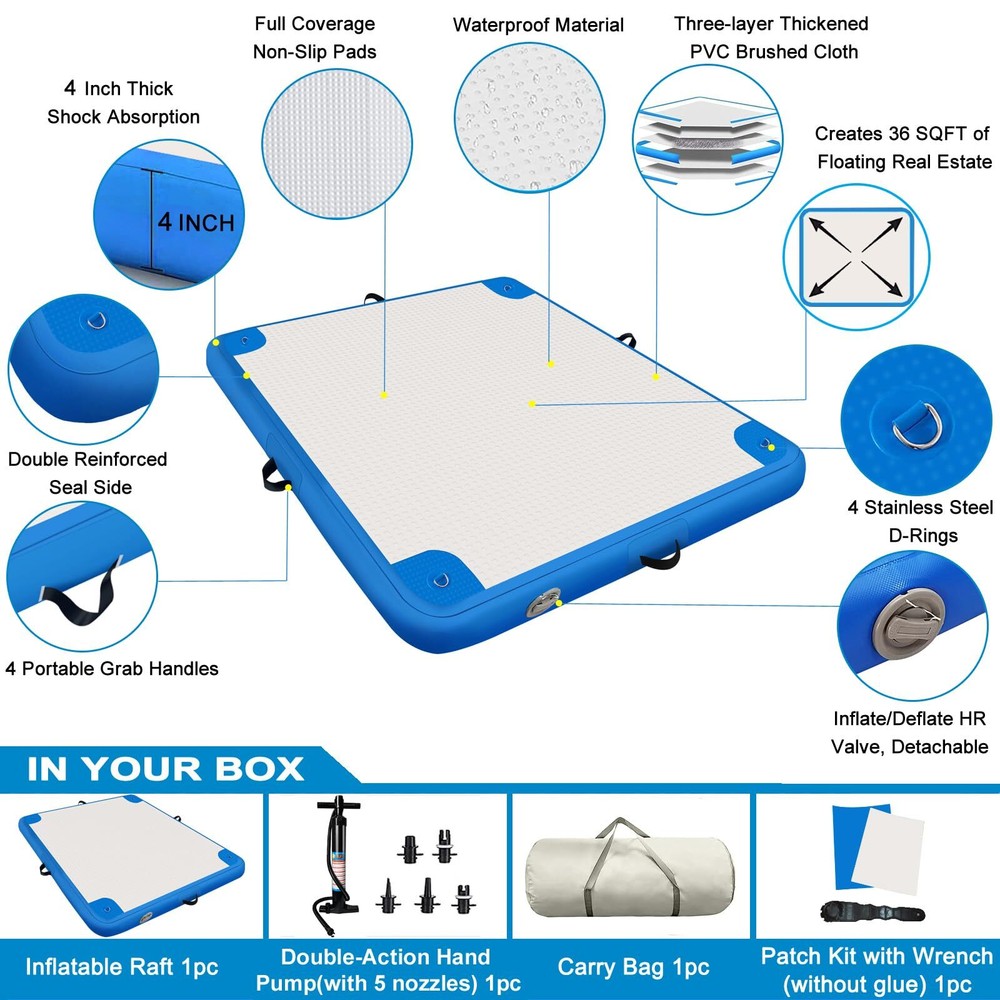Inflatable Floating Dock Mat, 6 ft x 6 ft Water Platform Swim Deck