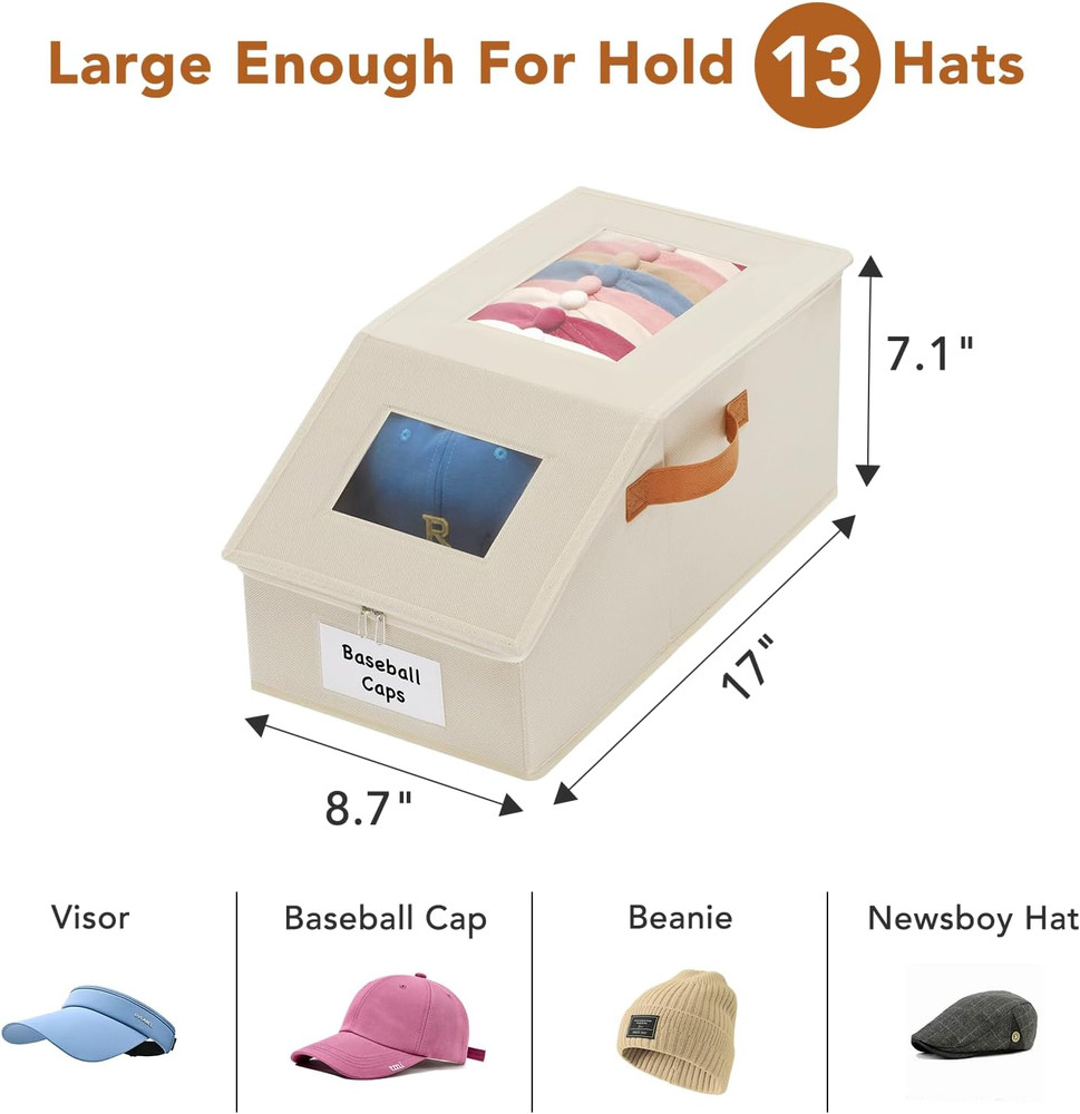 2 Pcs Extra Large Hat Organizer & Storage Box for Baseball Cap with Dual Clear W