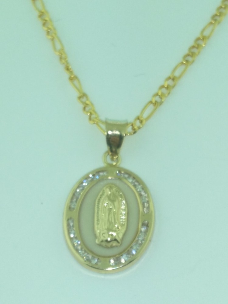 14K Solid Gold VIRGEN DE GUADALUPE Pendant with figaro Chain