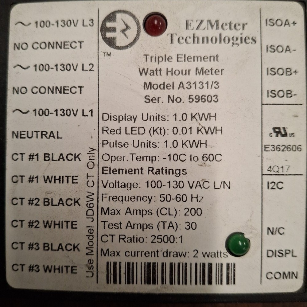 EZ Meter Pulse Triple Element Watt Hour Meter Model A3131/3 + 2 CT's