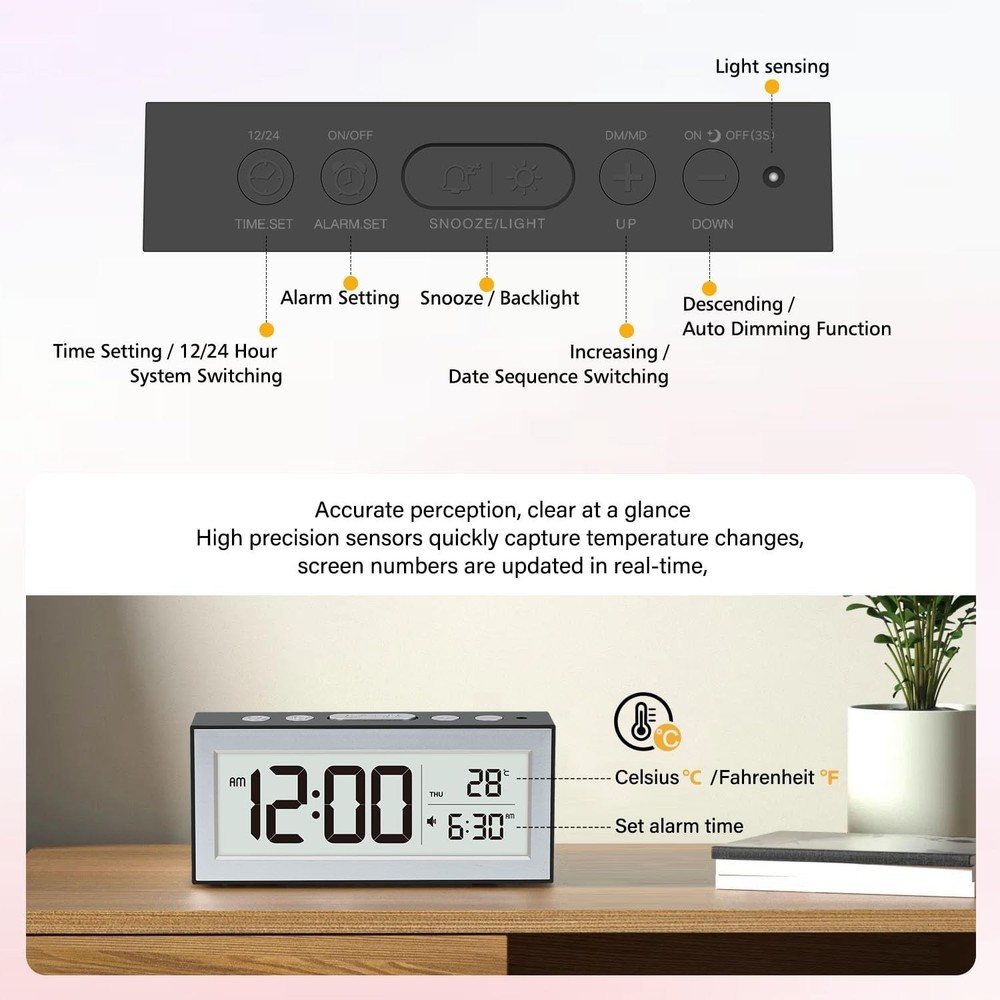 Digital Alarm Clock with LED Display, Bedside Battery Black