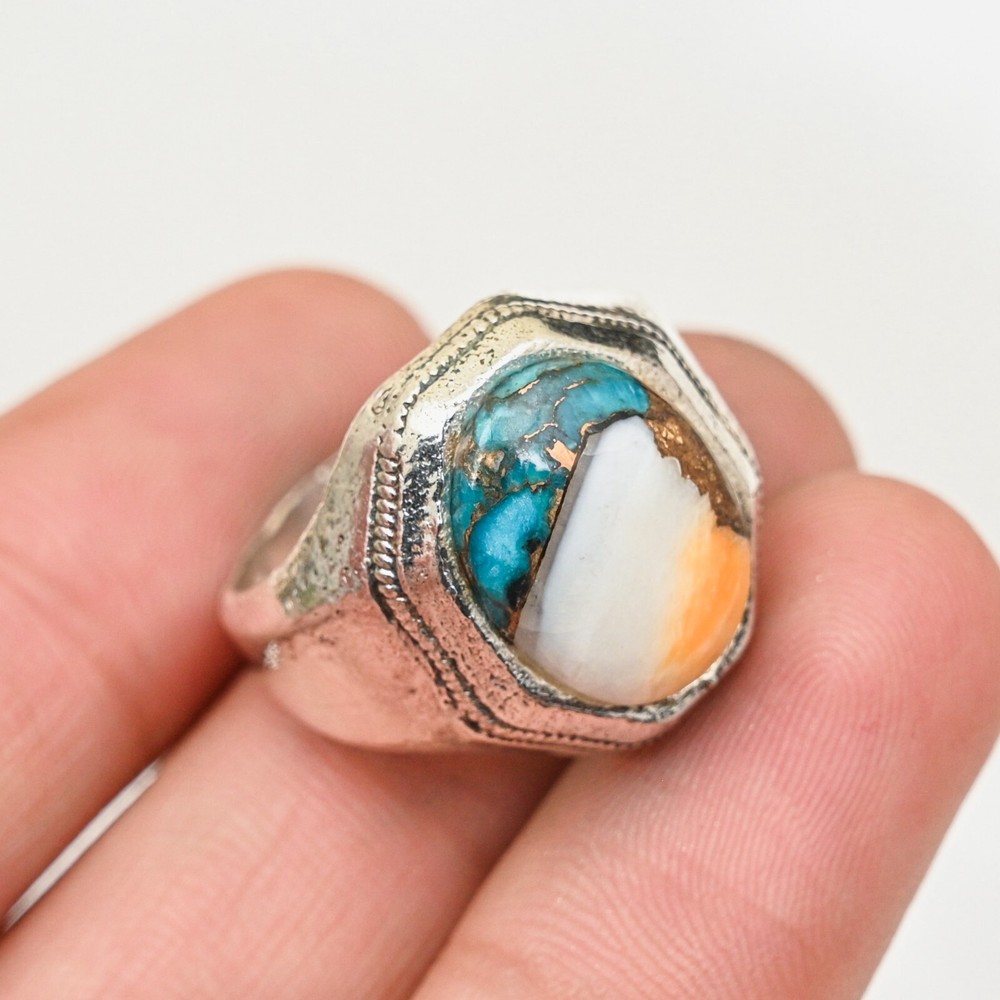 Oyster Copper Turquoise Men's Ring Solid 925 Sterling Silver Ring All Size M174